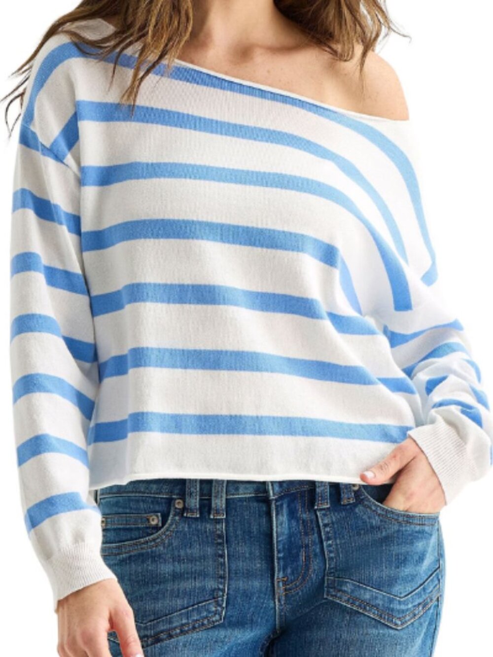 Aeropostale Off-The-Shoulder Sweater White Light Blue Striped Size S NWT
